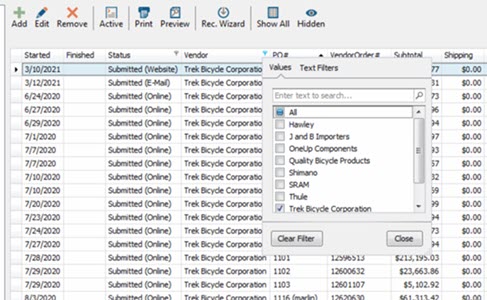 Screenshot with the Filter in the Vendor column open