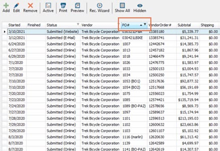 Screenshot with the PO# column highlighted and the filter arrow pointing down