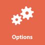 Screenshot del riquadro arancione Opzioni, con due ingranaggi e la parola Opzioni.