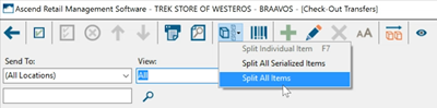 Screenshot of the Split menu with Split All Items selected