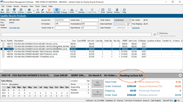 Screenshot of the Orders window with the Pending in and out field highlighted