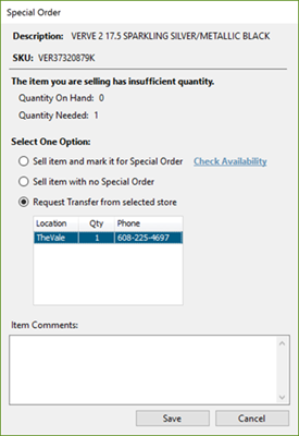 Screenshot of the Special Order popup