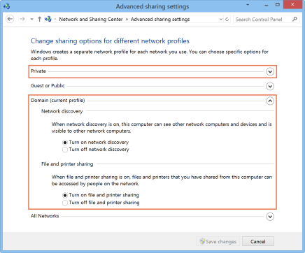 Screenshot of the Advanced sharing settings. Private is highlighted with an arrow pointing down. Also highlighted is Domain (current profile). The box next to "Turn on network discovery" and "Turn on file and printer sharing" are checked