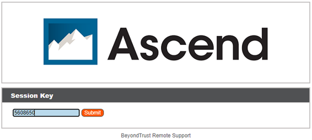 Captura de pantalla de BeyondTrust con el logotipo de Ascend que dice "Ascend" y luego "Clave de sesión" en una barra gris. Debajo hay un recuadro con una serie de números de ejemplo y un botón naranja "Enviar".