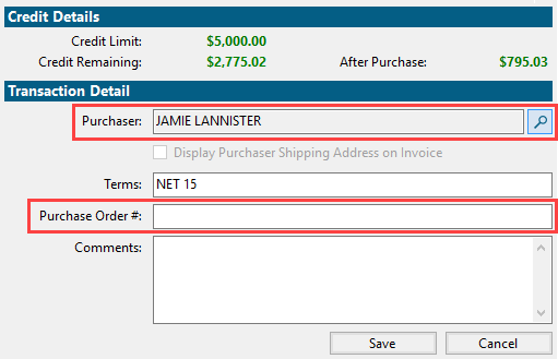 Captura de pantalla con el comprador y el número de orden de compra resaltados