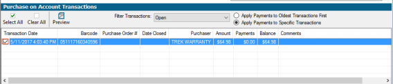 Screenshot of Purchase on Account transactions with a box checked and highlighted next to an order record