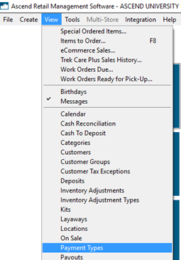 Screenshot con il menu Visualizza selezionato e Tipi di pagamento selezionati