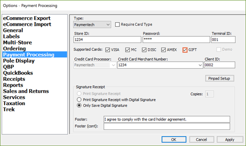 Screenshot van Opties venster met Verwerking van betalingen geselecteerd. Het selectievakje naast GIFT is ingeschakeld en gemarkeerd.