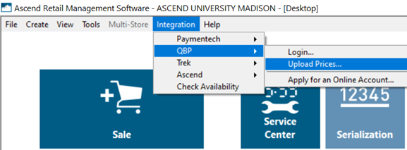Screenshot of Ascend main page with Integration menu selected and open, QBP selected, and Upload Prices selected.
