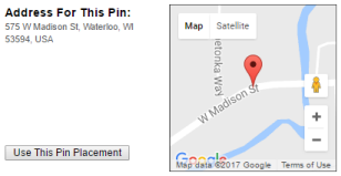 Captura de pantalla con un mapa y un botón que dice Use This Pin Placement