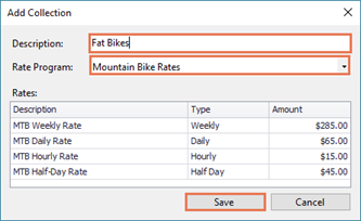 Screenshot of Add Collection window with Description, Rate Program, and Save highlighted
