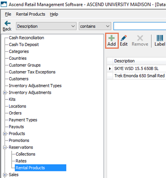 Screenshot of Rental Products window with Add button highlighted