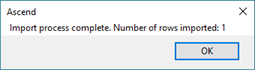 Captura de pantalla del mensaje Proceso completo de Importación con el Botón Aceptar resaltado.