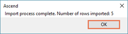Captura de pantalla del aviso de proceso de importación completado con el botón Ok resaltado