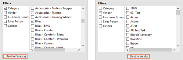 Side by side screenshots, one has the Not in Category button not clicked and highlighted. The other has the Not in Vendor check box unchecked and highlighted