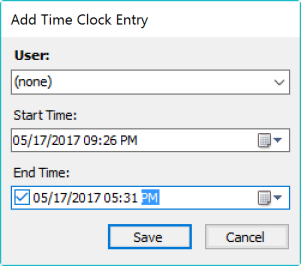 Schermafbeelding van het venster Time Clock Entry toevoegen