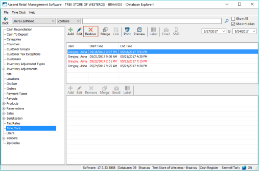 Screenshot of Time Clock window with Restore icon highlighted