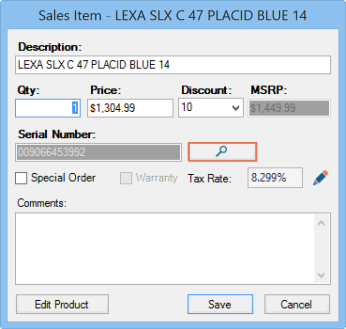 Screenshot of Sales Item window with search icon highlighted