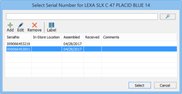 Screenshot of Select Serial Number for Item window
