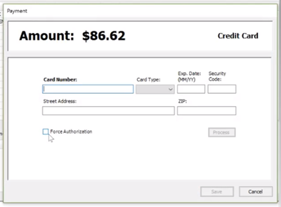 Screenshot of the Payment Screen with the cursor by the Force Authorization box