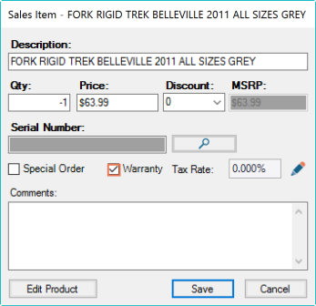 Screenshot of the Sales Item window with the box next to Warranty checked and highlighted