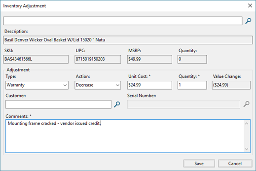Screenshot of the Inventory Adjustment window