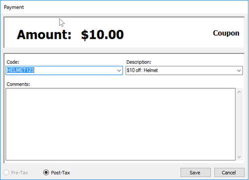 Screenshot of the Payment window with the Code box highlighted