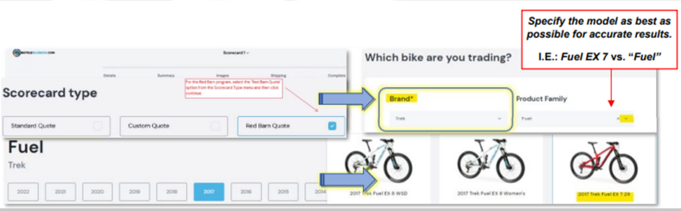 Screenshot of scorecard type, "Red Barn Quote" is highlighted. In the section "Which bike are you trading?", Brand is highlighted and a call out box says "Specify the model as best as possible for accurate results, i.e. Fuel EX 7 vs. 'Fuel'". Brand is highlighted and Trek is selected.