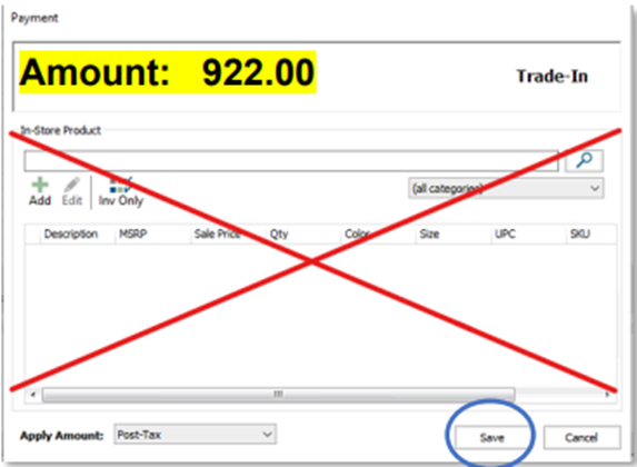 Screenshot of Payment screen, "Amount: 922.00" is highlighted and the Save button is circled.