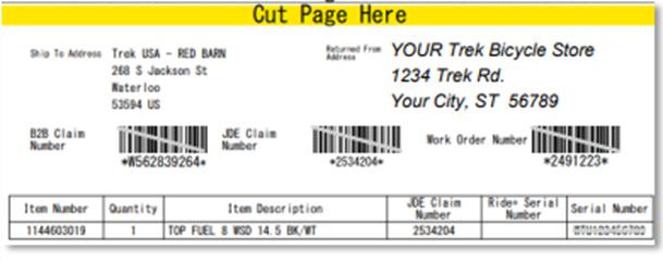 Screenshot of dealer return form with barcodes, item number, item description, serial number