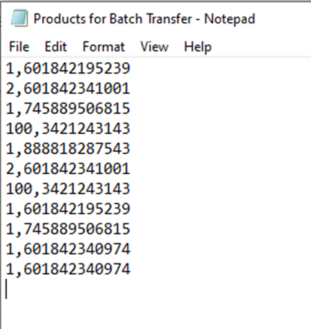 Screenshot van een Kladblokvenster met getallen erin