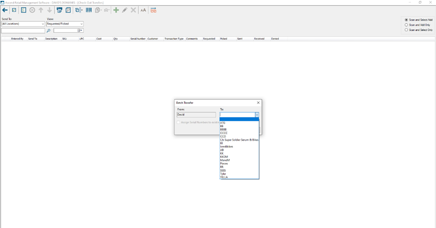Capture d'écran de l'écran Check Out Transfers avec une case Batch Transfer au milieu et le menu déroulant To ouvert.