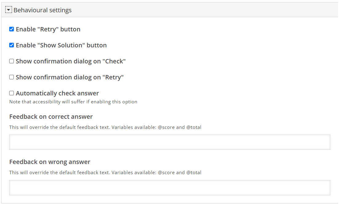 Screenshot of H5P True/False question behavioural settings.
