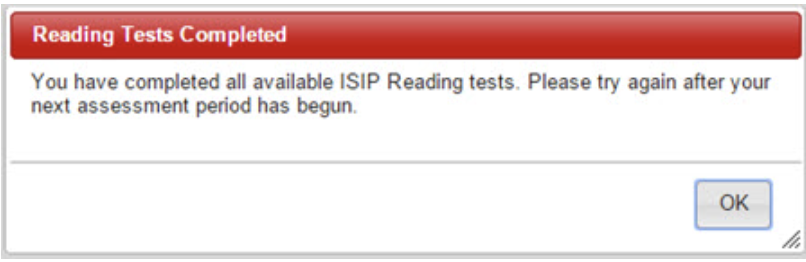 error message stating that all assessments have been completed. Try again when the next assessment period has begun.