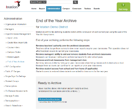 Istation website opened to the administration tab with end of year archive selected from the left menu.