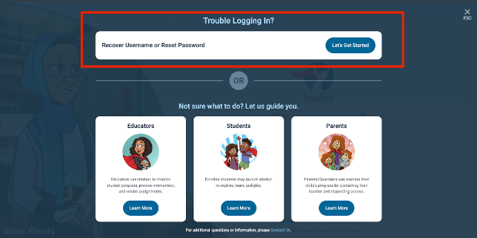 The page shown when a user clicks "Trouble Logging In?" from the Istation login page. A red box surrounds the section labeled "Recover Username or Reset Password: Let's Get Started"