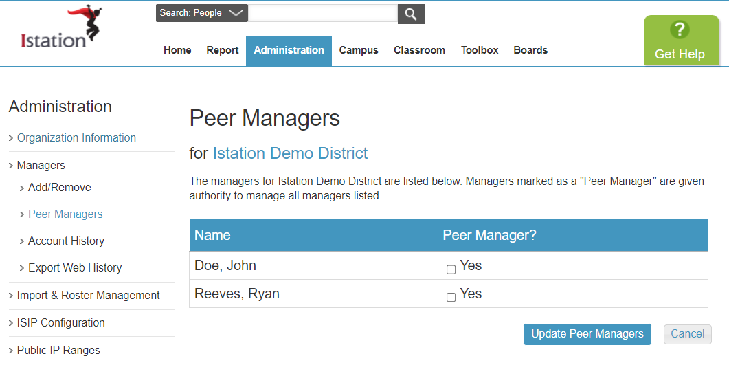 Image shows the Peer Managers page with a graph containing two columns; one for a list of names of peer managers, another with checkboxes indicating whether the person is a peer manager or not.