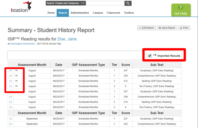 Individual student report shows assessment scores in each subtest area. Imported assessment results have been included and are indicated by the curved arrow icon. 