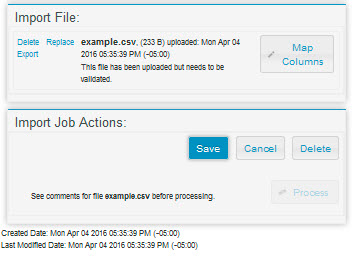 Image shows the available options within the Import File and Import Job Actions menus.
