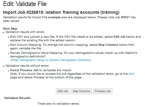 Validate file window where you can review validation errors if any, as well as edit job, map columns, and process job.
