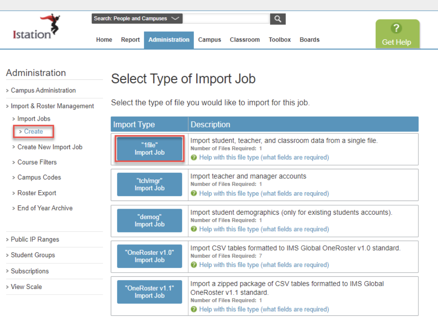 La imagen muestra la página Seleccionar trabajos de importación con los botones Crear y 1Trabajo de importación de archivos resaltados.