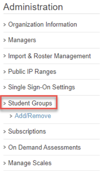 El menú Administración de la izquierda tiene un cuadro rojo alrededor de la opción Grupos de estudiantes.