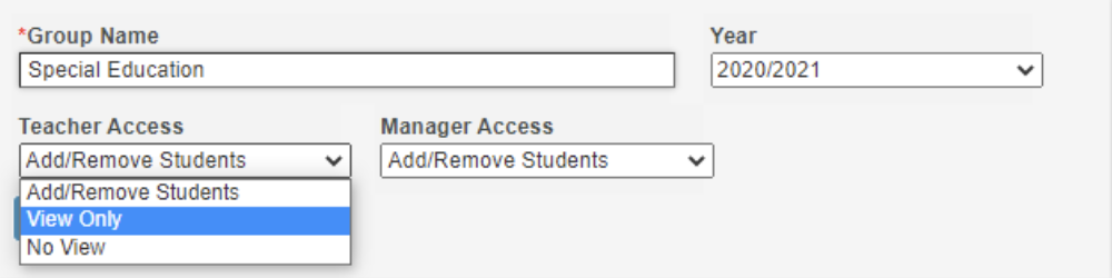 Student Group Information box with the Teacher Access dropdown menu expanded.