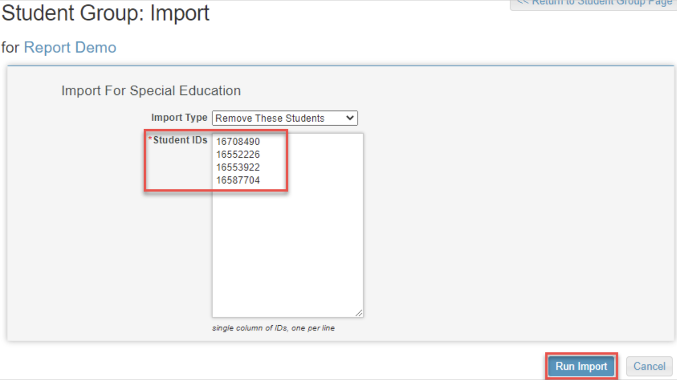 The Student Group: Import page shows red boxes around the Student IDs section and the Run Import button..