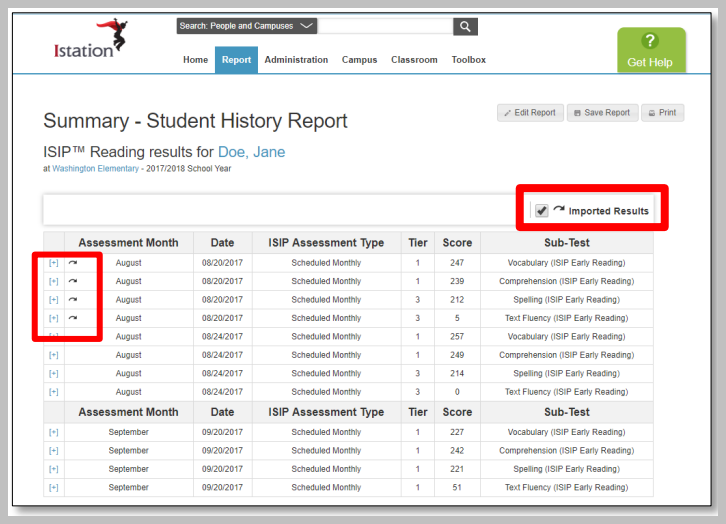 Individual student report shows assessment scores in each subtest area. Imported assessment results have been included and are indicated by the curved arrow icon. 