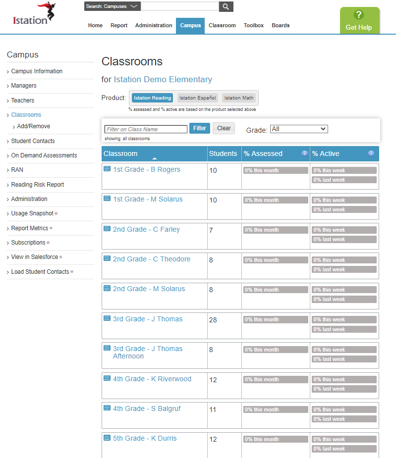 The web page is opened to the campus tab with the classroom section open showing a list of all classrooms.