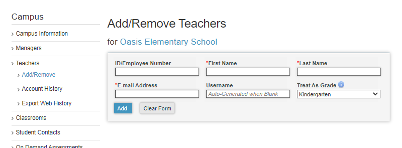 Campus page is opened to the add/remove teacher section. The information box is displayed showing the required information needed to add a teacher.