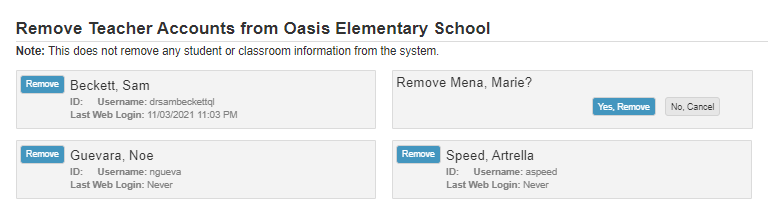 The teacher being removed is displayed with the option to confirm on cancel removing this teacher. 