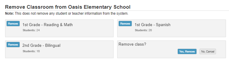The words Remove class? and Yes, remove are displayed.
