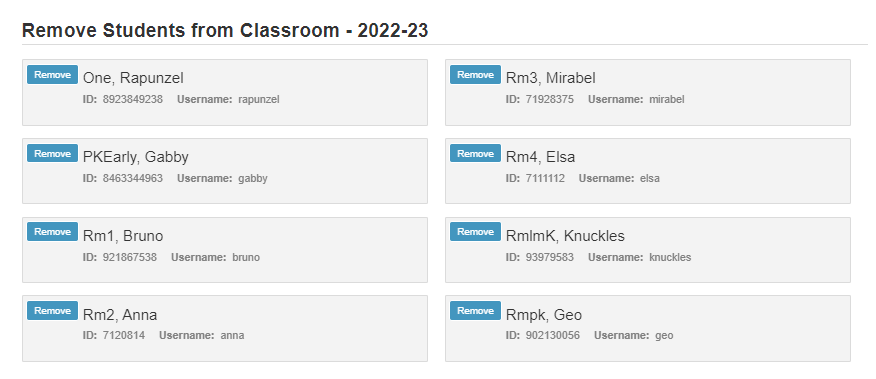 The Remove Students section of a Classroom's Add/Remove page. Students are listed with Remove buttons to the left of each name.